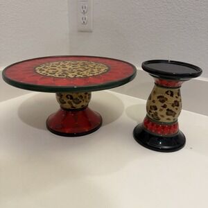 2-Piece Hand Painted Ceramic Cake Stand Cheetah Harlequin Pattern & Candle Stand